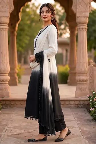 Women's white crepe embroidered straight kurta set with dupatta and pant