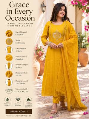 Women's chanderi yellow embroidered kurta set with dupatta and pant 2
