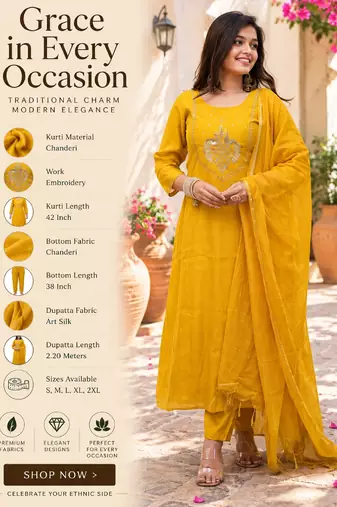 Women's chanderi yellow embroidered kurta set with dupatta and pant