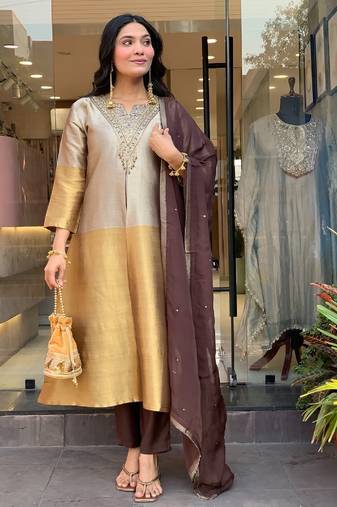 Gold and silver viscose straight embroidered kurta set for women with dupatta and pant