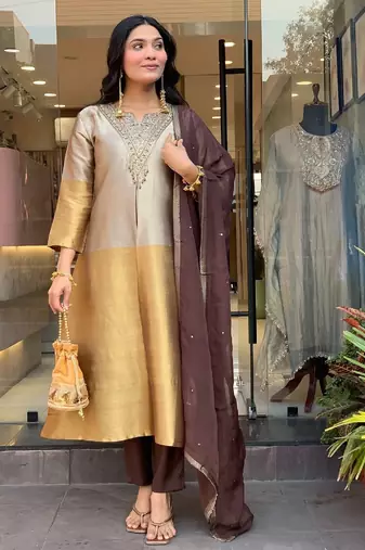 Gold and silver viscose straight embroidered kurta set for women with dupatta and pant