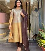 Gold and silver viscose straight embroidered kurta set for women with dupatta and pant