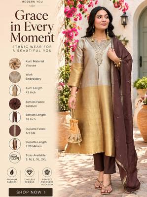 Gold and silver viscose straight embroidered kurta set for women with dupatta and pant 2