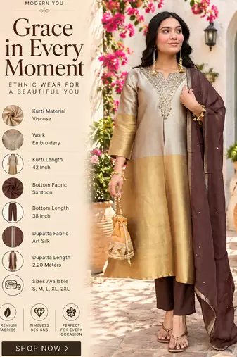 Gold and silver viscose straight embroidered kurta set for women with dupatta and pant