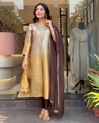 Gold and silver viscose straight embroidered kurta set for women with dupatta and pant 3
