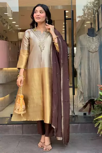 Gold and silver viscose straight embroidered kurta set for women with dupatta and pant