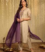 Women's chanderi cream embroidered kurta set with dupatta and pant