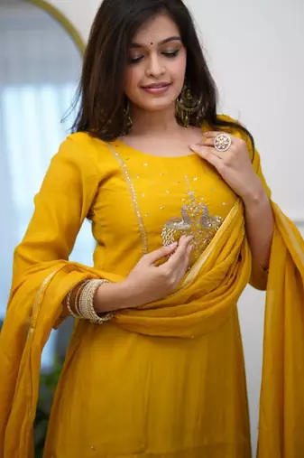 Women's chanderi yellow embroidered kurta set with dupatta and pant