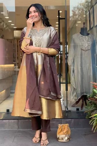 Gold and silver viscose straight embroidered kurta set for women with dupatta and pant