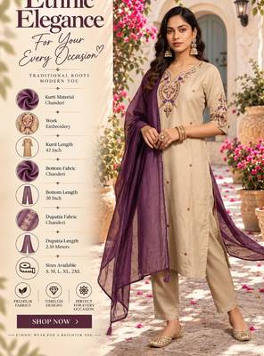 Women's chanderi cream embroidered kurta set with dupatta and pant 2