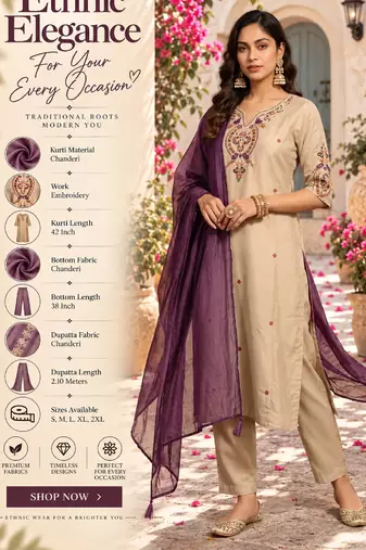 Women's chanderi cream embroidered kurta set with dupatta and pant