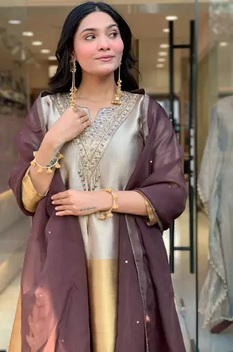 Gold and silver viscose straight embroidered kurta set for women with dupatta and pant
