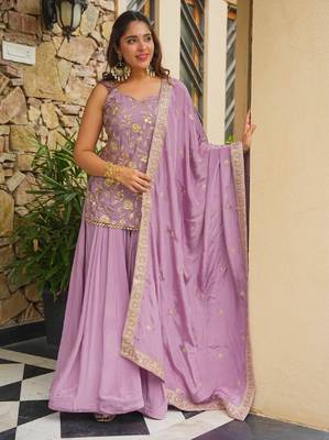 Women's silk blend lavender embroidered kurta set with dupatta and sharara 1