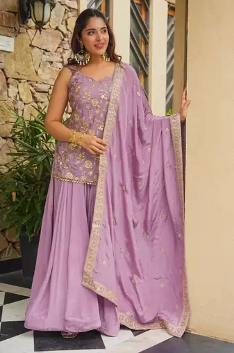 Women's silk blend lavender embroidered kurta set with dupatta and sharara