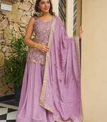 Women's silk blend lavender embroidered kurta set with dupatta and sharara