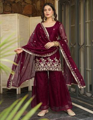 Women's satin maroon embroidered kurta set with dupatta and palazzo 1