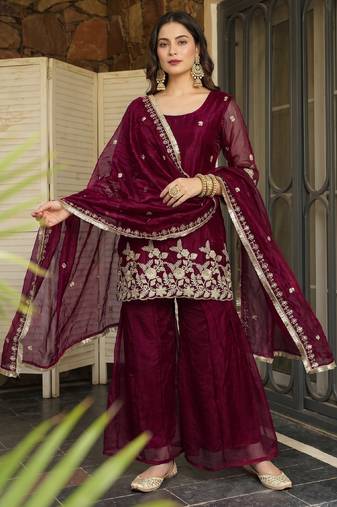 Women's satin maroon embroidered kurta set with dupatta and palazzo