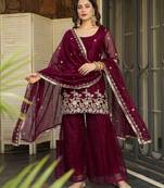 Women's satin maroon embroidered kurta set with dupatta and palazzo