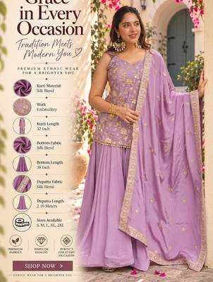 Women's silk blend lavender embroidered kurta set with dupatta and sharara 2