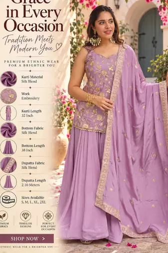 Women's silk blend lavender embroidered kurta set with dupatta and sharara