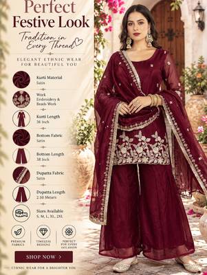 Women's satin maroon embroidered kurta set with dupatta and palazzo 2