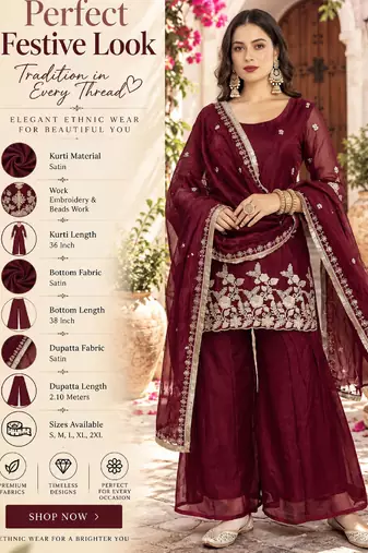 Women's satin maroon embroidered kurta set with dupatta and palazzo