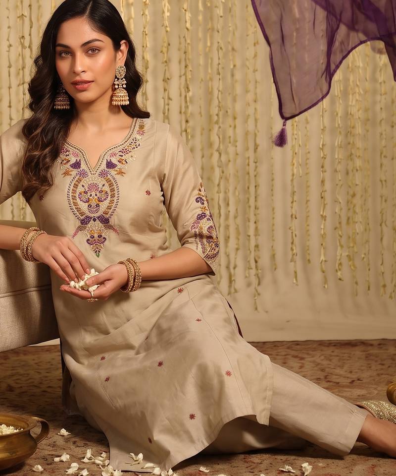 Women's chanderi cream embroidered kurta set with dupatta and pant