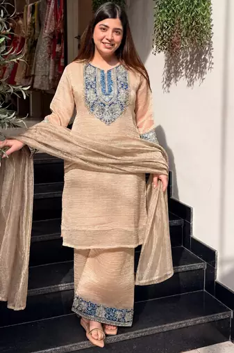 Women's beige silk blend embroidered kurta set with dupatta and palazzo