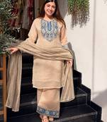 Women's beige silk blend embroidered kurta set with dupatta and palazzo