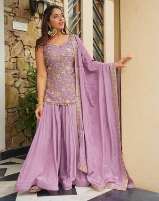 Women's silk blend lavender embroidered kurta set with dupatta and sharara 3