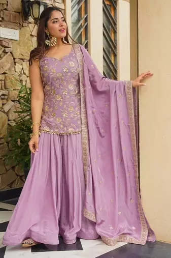 Women's silk blend lavender embroidered kurta set with dupatta and sharara