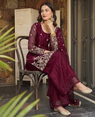 Women's satin maroon embroidered kurta set with dupatta and palazzo 3