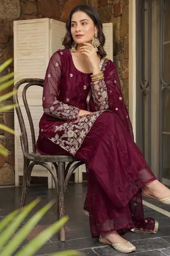 Women's satin maroon embroidered kurta set with dupatta and palazzo