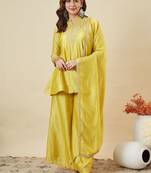 Women's yellow silk blend embroidered kurta set with dupatta and palazzo