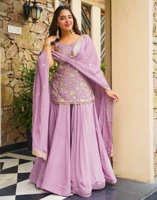 Women's silk blend lavender embroidered kurta set with dupatta and sharara 4