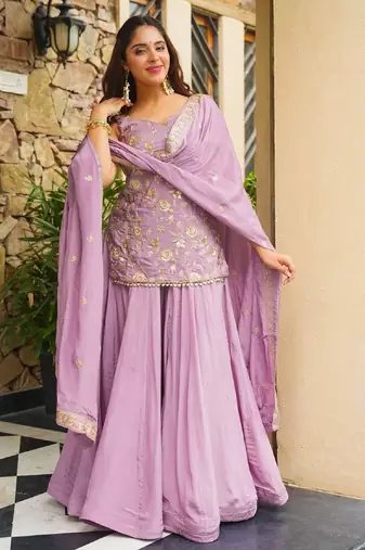 Women's silk blend lavender embroidered kurta set with dupatta and sharara