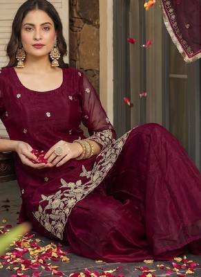 Women's satin maroon embroidered kurta set with dupatta and palazzo 4