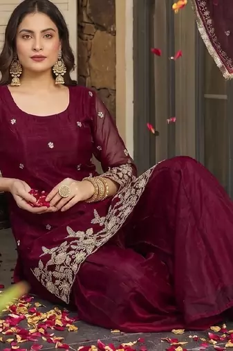 Women's satin maroon embroidered kurta set with dupatta and palazzo