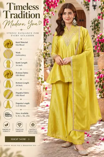 Women's yellow silk blend embroidered kurta set with dupatta and palazzo