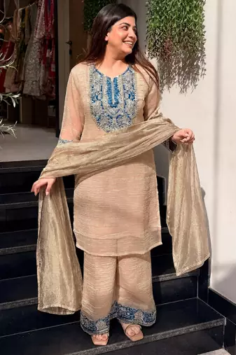 Women's beige silk blend embroidered kurta set with dupatta and palazzo