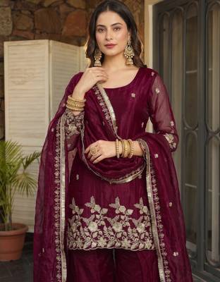 Women's satin maroon embroidered kurta set with dupatta and palazzo 5