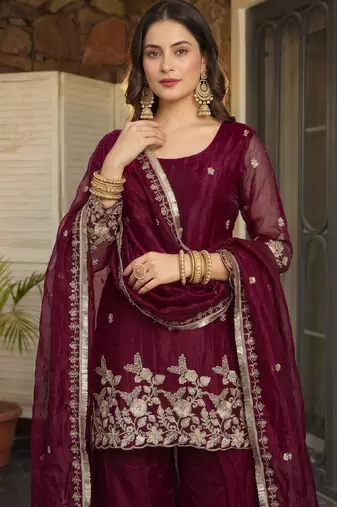 Women's satin maroon embroidered kurta set with dupatta and palazzo