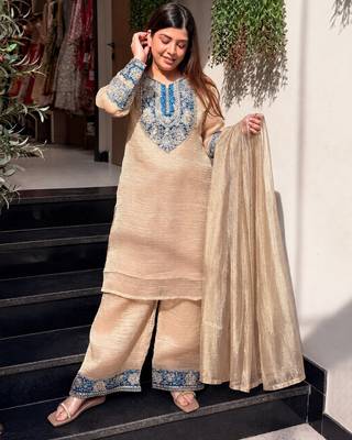 Women's beige silk blend embroidered kurta set with dupatta and palazzo 4