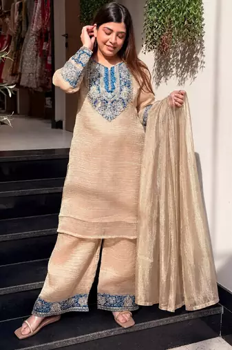 Women's beige silk blend embroidered kurta set with dupatta and palazzo