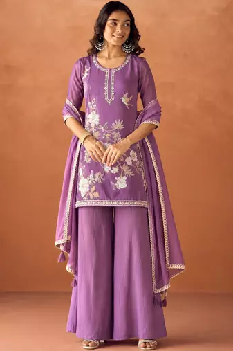 Purple chinon embroidered straight kurta set for women with dupatta and palazzo