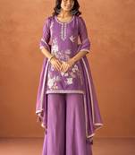 Purple chinon embroidered straight kurta set for women with dupatta and palazzo
