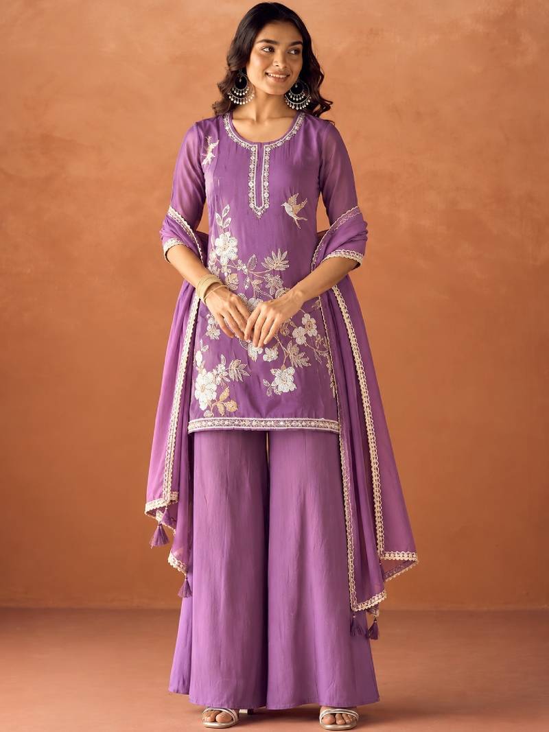 Purple chinon embroidered straight kurta set for women with dupatta and palazzo