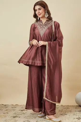 Women's brown silk blend embroidered kurta set with dupatta and palazzo