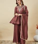 Women's brown silk blend embroidered kurta set with dupatta and palazzo