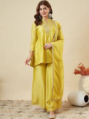 Women's yellow silk blend embroidered kurta set with dupatta and palazzo 4